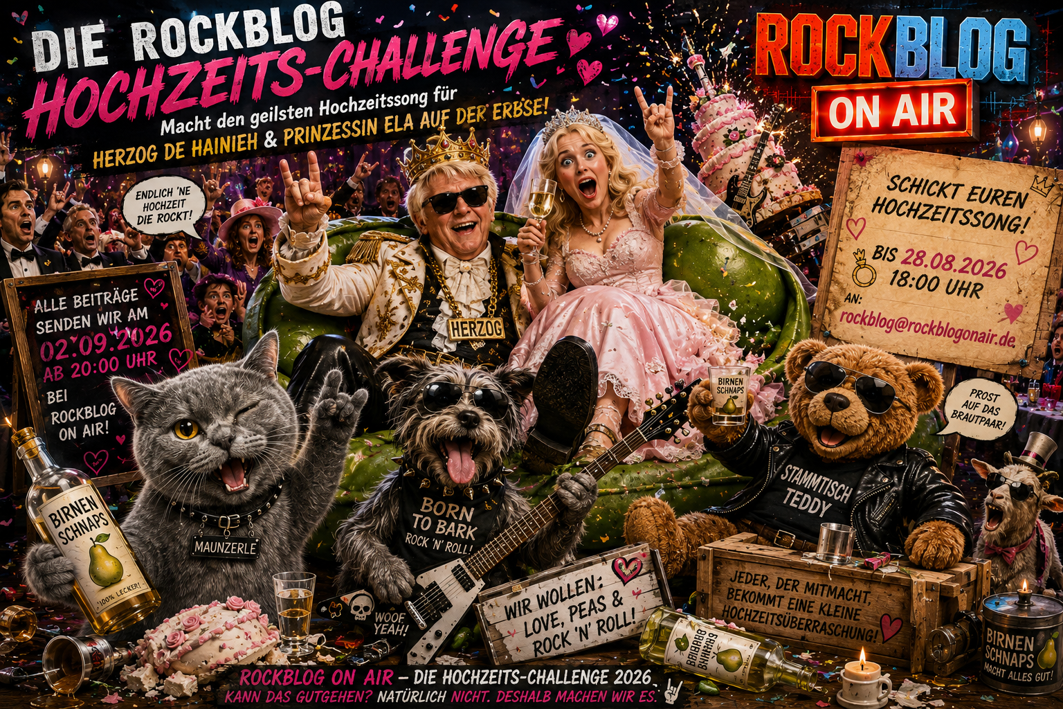 Werbemotiv zur Rockblog Artist-Mission Hochzeits-Mission 2026 mit Herzog de Hainieh, Prinzessin Ela auf der Erbse, Maunzerle, Rock-Dog und Stammtisch-Teddy