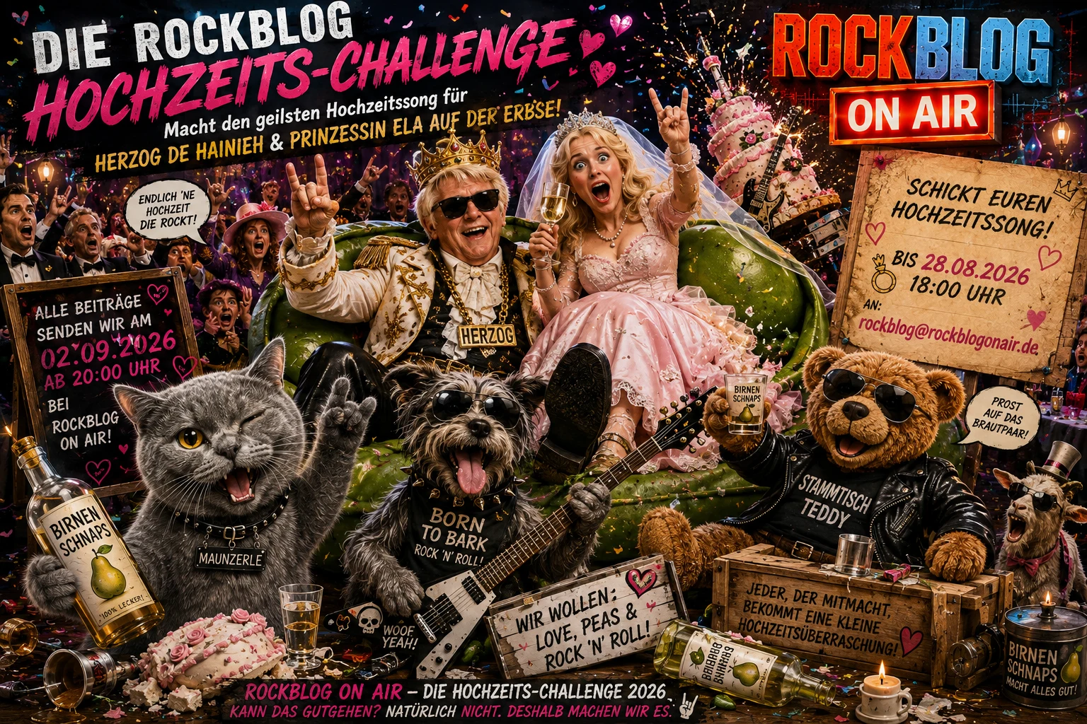 Werbemotiv zur Rockblog Artist-Mission Hochzeits-Mission 2026 mit Herzog de Hainieh, Prinzessin Ela auf der Erbse, Maunzerle, Rock-Dog und Stammtisch-Teddy