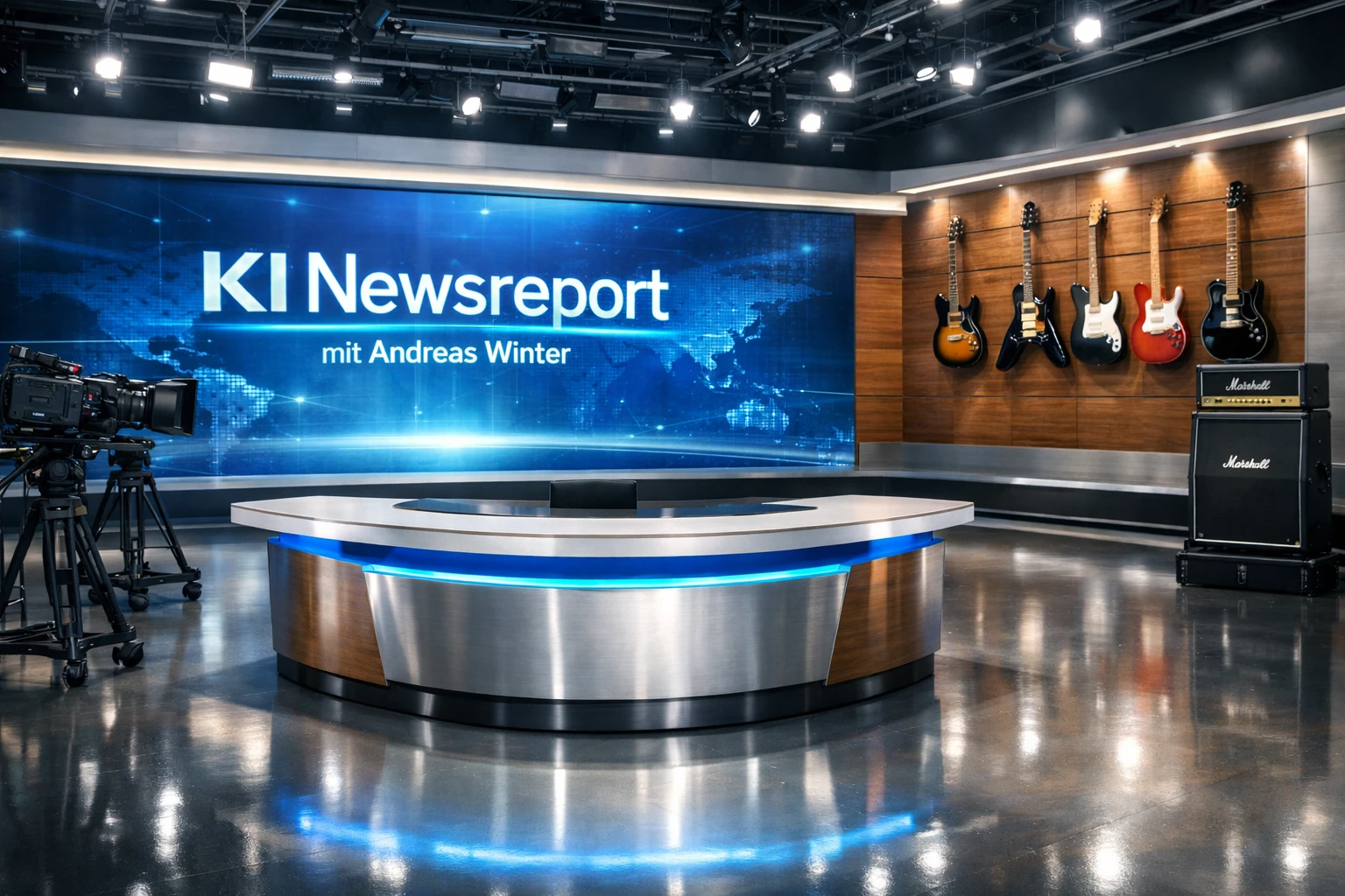 KI Newsreport mit Andreas Winter – Nachrichtenstudio mit Gitarren