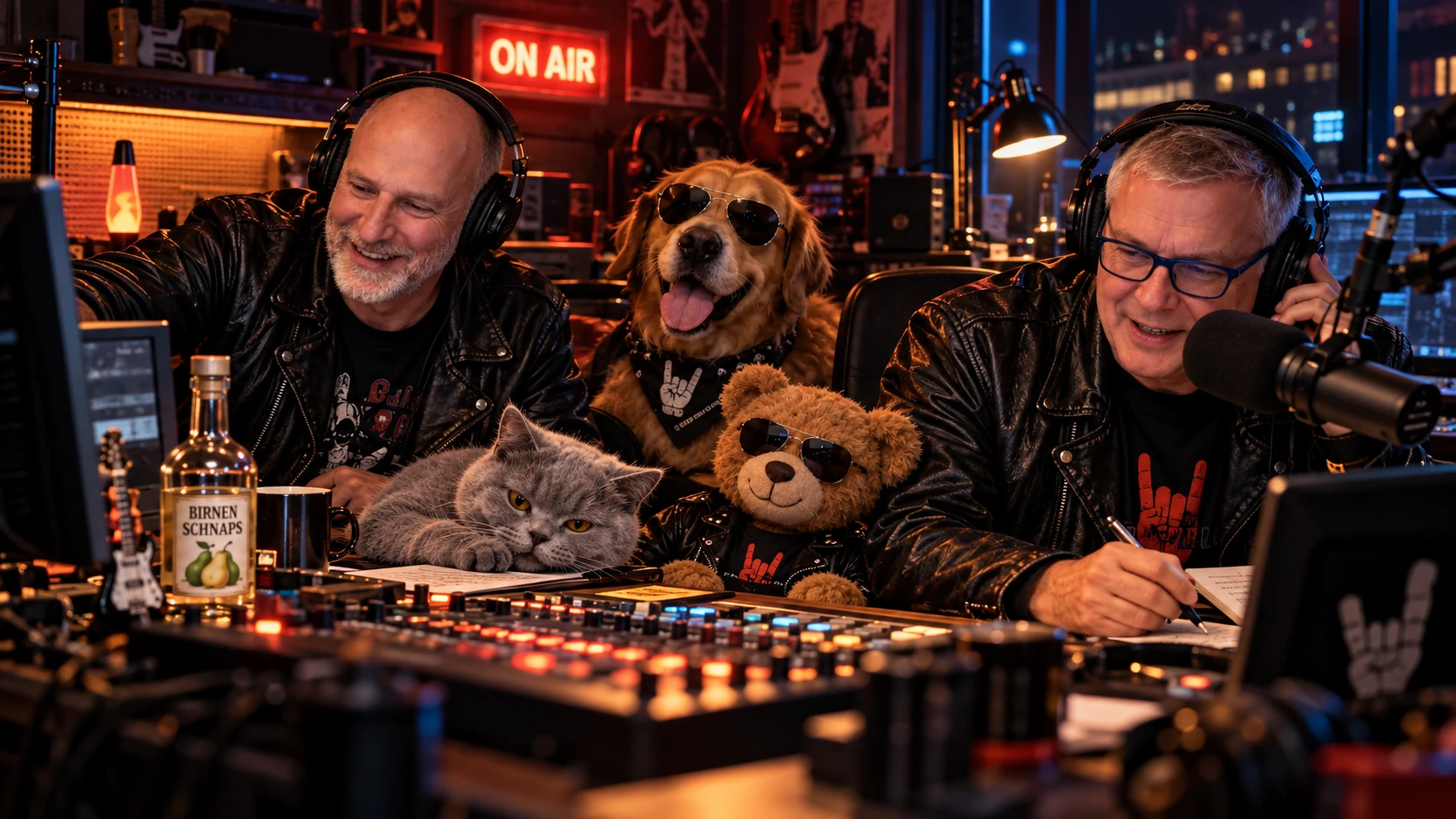Zwei Rockblog-Moderatoren bei der Arbeit im nächtlichen Studio, mit Hund, Katze und Teddybär am Mischpult