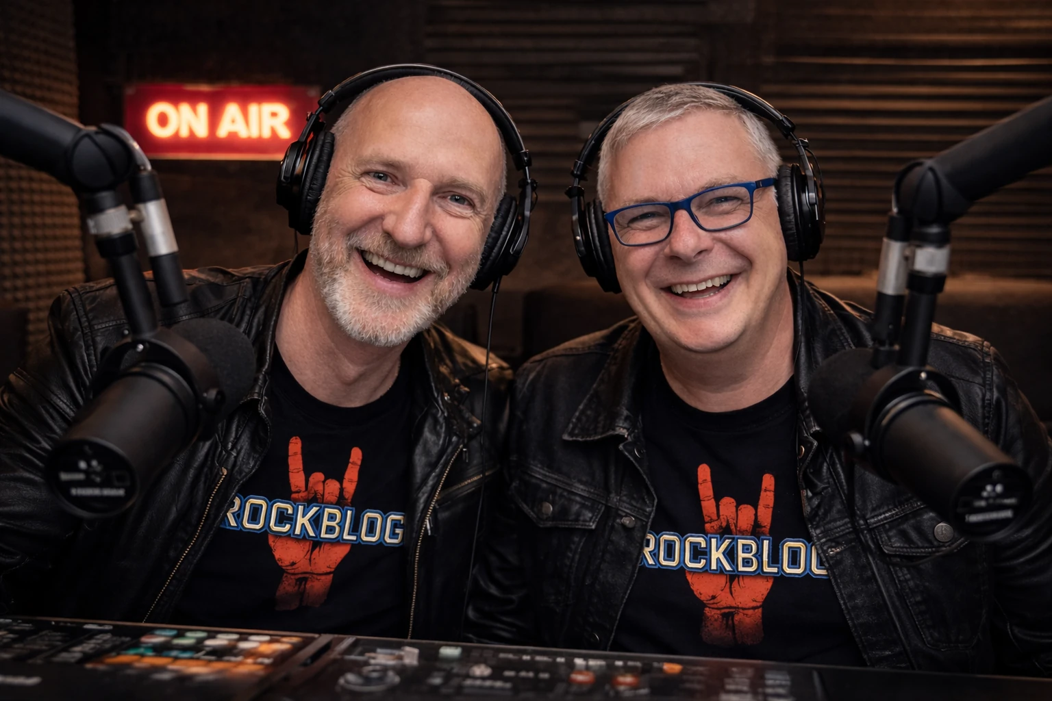 Zwei Rockblog-Moderatoren mit Kopfhörern und Mikrofonen im Studio