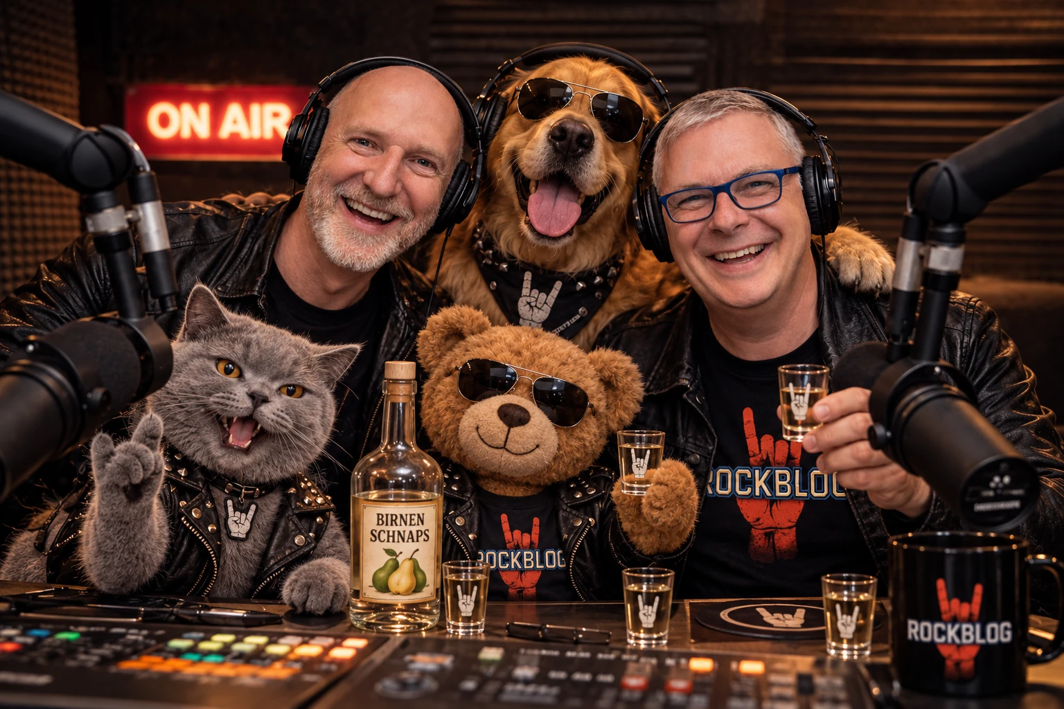 Die Rockblog-Crew im Studio: zwei Moderatoren zusammen mit Maunzerle, Stammtisch-Teddy und Rock-Dog